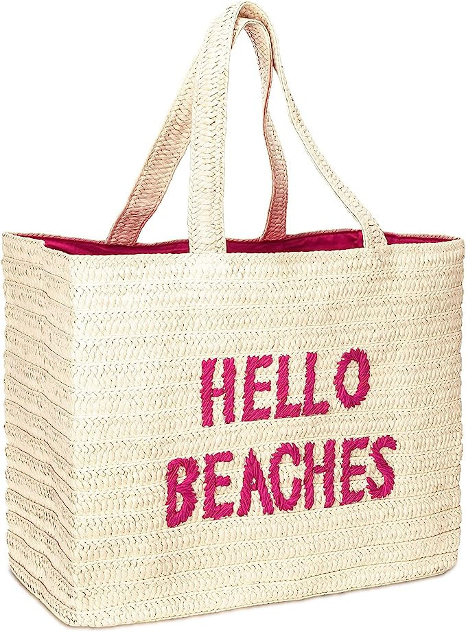 Hello Beaches Straw Beach Bags for Women | Straw Beach Tote | Beach tote bag | Beach Vacation Ess... | Amazon (US)