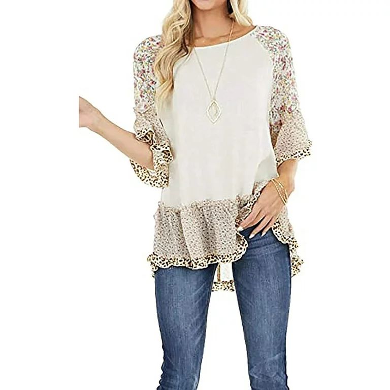 Chollius Women's Boho Shirts Ruffle 3/4 Sleeve Crew Neck Blouse Leopard Floral Print Patchwork Tu... | Walmart (US)