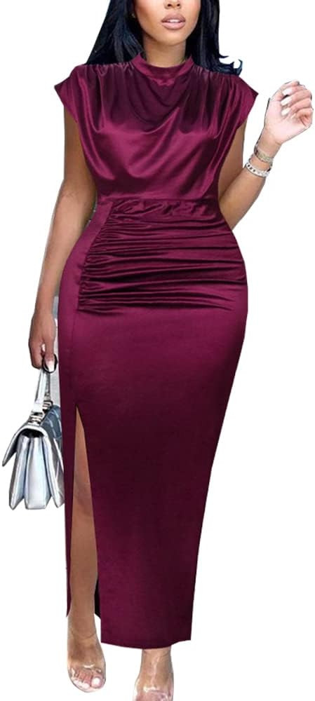 AOMEI Women's Cap Sleeve High Waist Ruched Slit Slim Elegant Long Satin Formal Dress | Amazon (US)