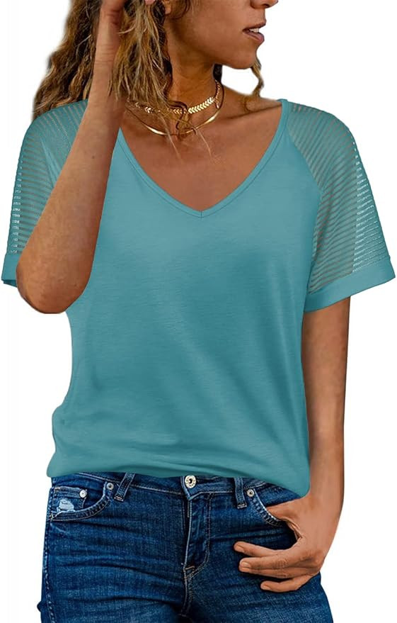 WEESO Casual V Neck T Shirts for Women Mesh Short Sleeve Dressy Tops | Amazon (US)