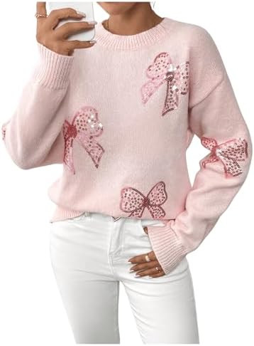 MakeMeChic Women's Crew Neck Sweater Bow Knot Sequin Long Sleeve Drop Shoulder Knit Top | Amazon (US)