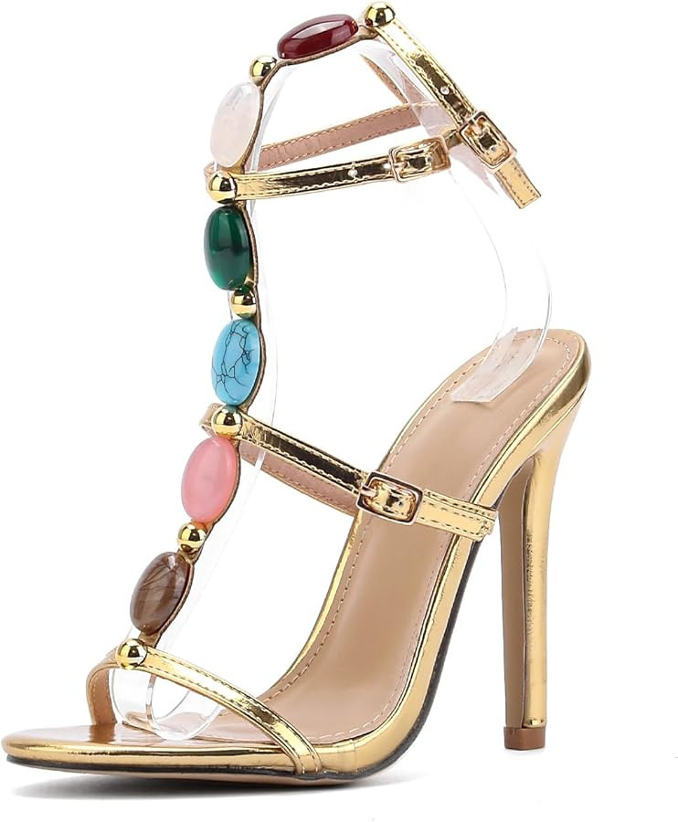 Kluolandi Jewelled Strappy Gold Heels for Women Open Toe Ankle Strap Gladiator Stiletto Heeled Sa... | Amazon (US)