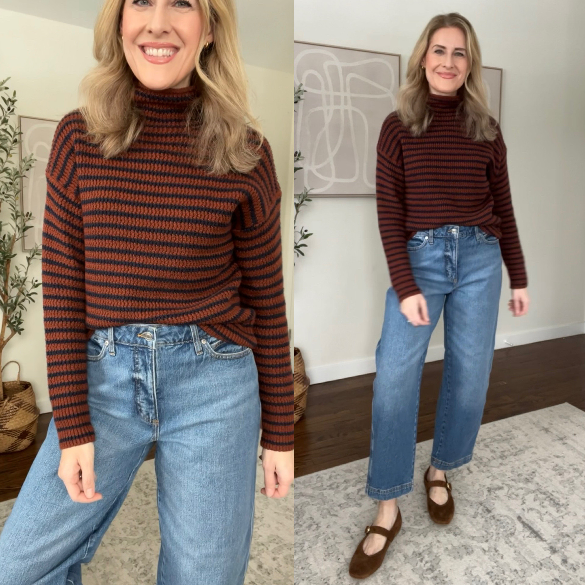 Walmart mockneck sweater, this one is cotton and soft not itchy but not super soft. Runs small, I sized up one to a medium. Barrel jeans look high end, run big, go down a size. #walmartfashion 

#LTKOver40