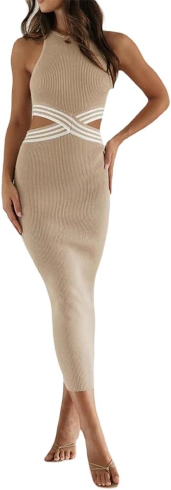 Women's Cutout Knitted Dress Crewneck Ribbed Sleeveless Hollow Waist Patchwork Dress Bodycon Midi... | Amazon (US)