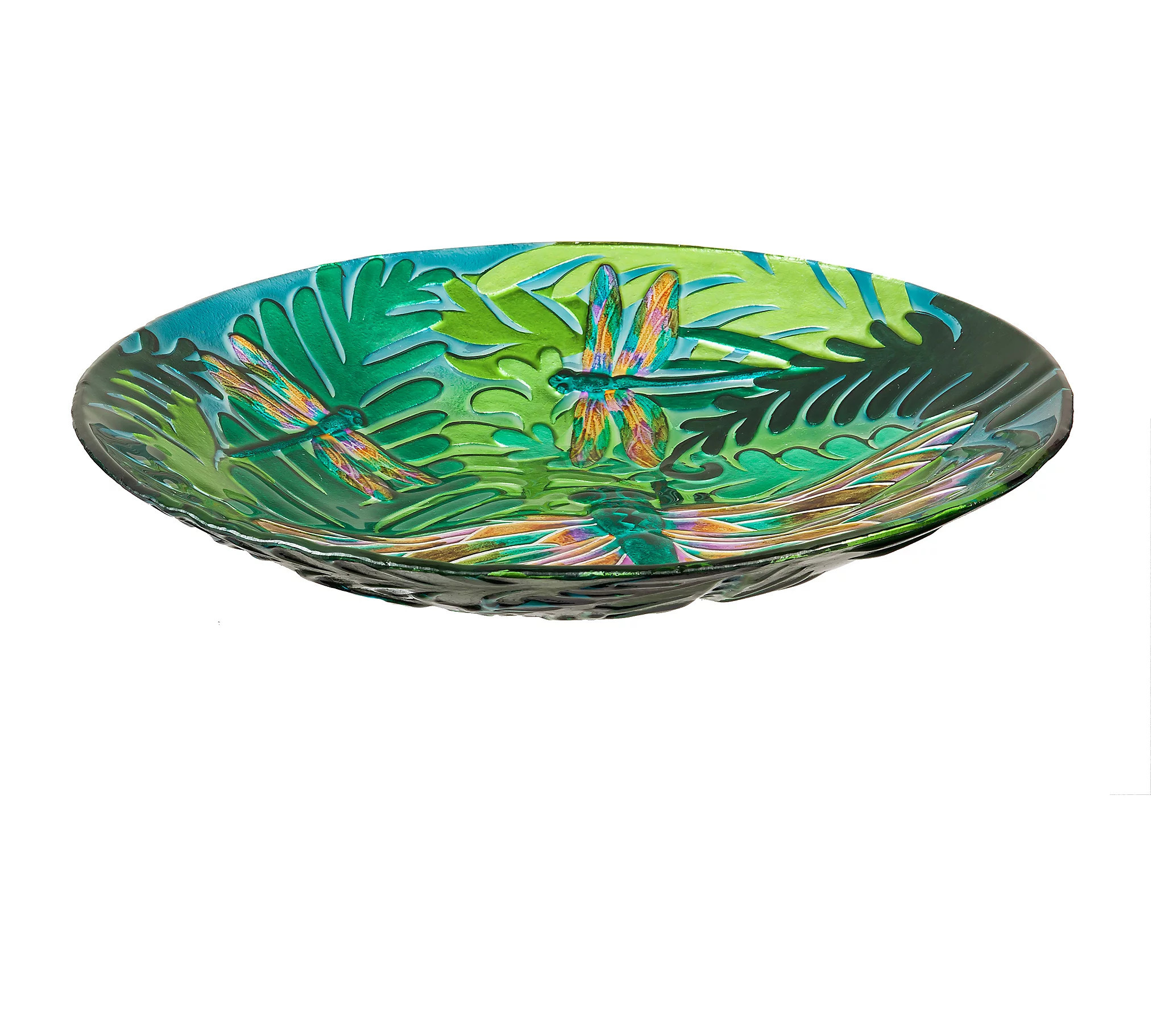 18"" Glass Bird Bath, Iridescent Dragonfly by Ev rgreen | QVC