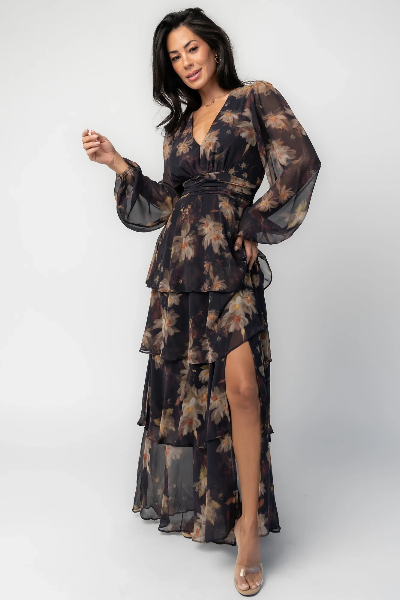 Mariella Tiered Maxi Dress | Midnight Gold Floral | Baltic Born