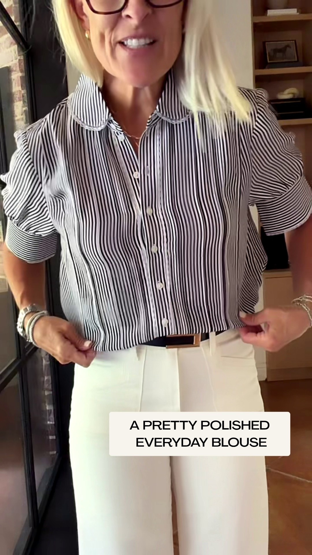 Another really pretty new arrival! I love the silky, flowy feel of this striped blouse and all the feminine details, the pintucks, lace trim, and rounded collar make it feel a little extra special. I’m wearing my usual small, and I’d say it fits true to size. Pair it with trousers for a polished look or dress it down with your favorite jeans. 🤍

💡 LTK MADE EASY
❤️ Heart = Support my posts!
🔖 Save = Get sale & restock alerts
📋 Lists = Keep favorites organized
📲 Share = Send lists and products to a friend.
💬 Comment = Ask me anything about what I’m wearing!

#LTKootd #LTKOver40