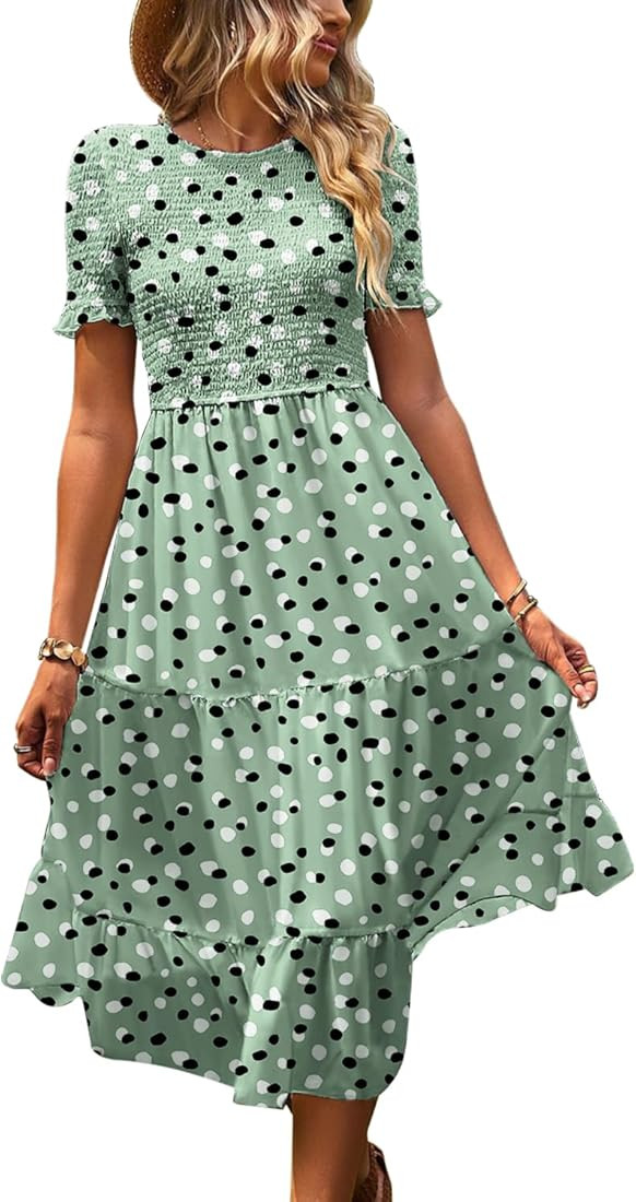 YESNO Women's 2023 Summer Causal Short Sleeve Smocked Dress Elastic Waist Tiered Midi Dress with Poc | Amazon (US)