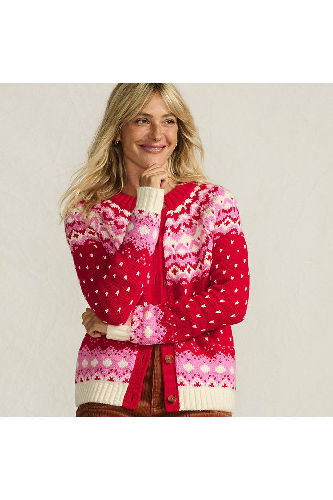 Women's Lofty Birdseye Fair Isle Cardigan Sweater - Lands' End - Red - L | Lands' End (US)