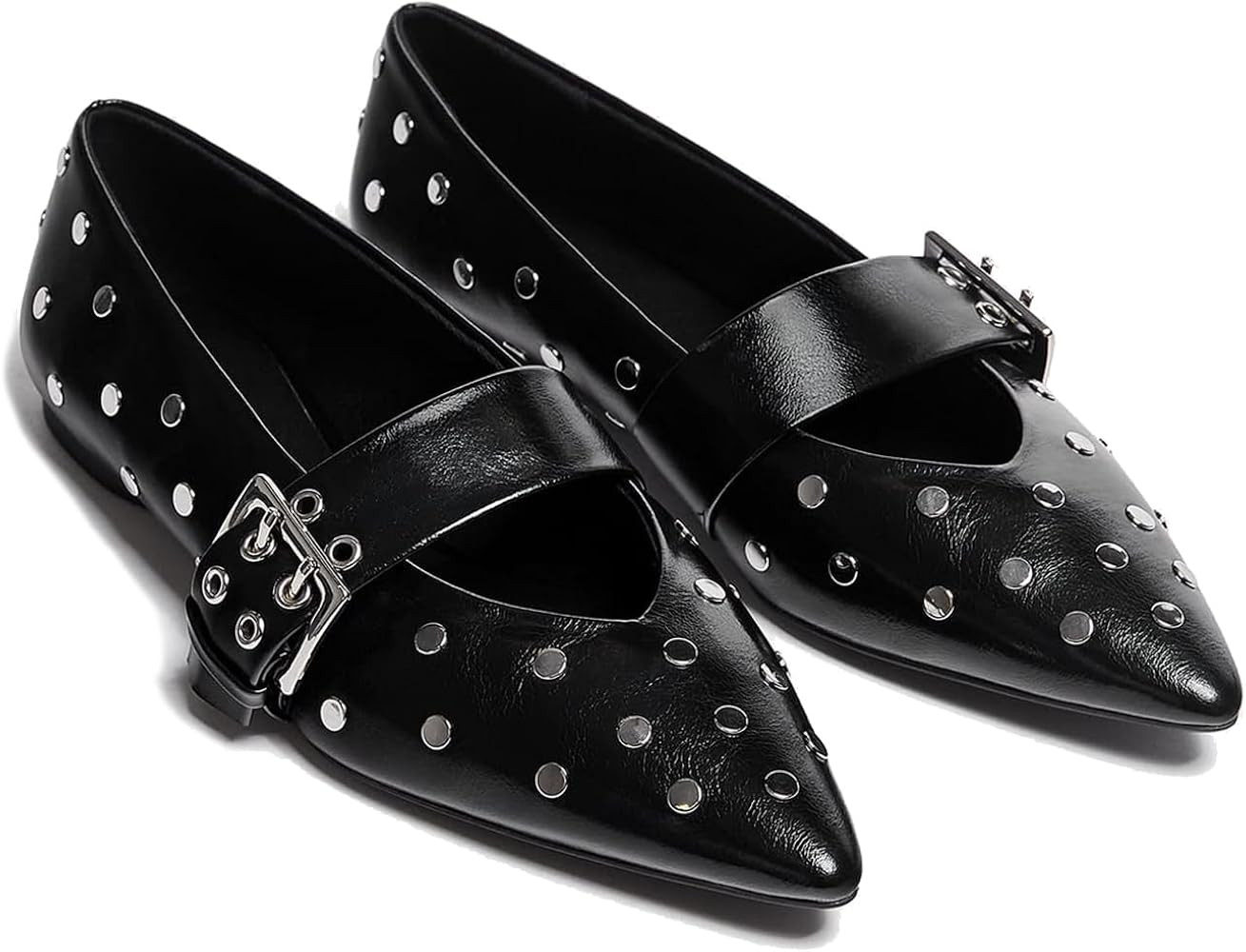 Arqa Womens Studded Ballet Flats Pointed Toe Rivet Buckle Strap Ballerina Shoes Mary Jane Flat | Amazon (US)