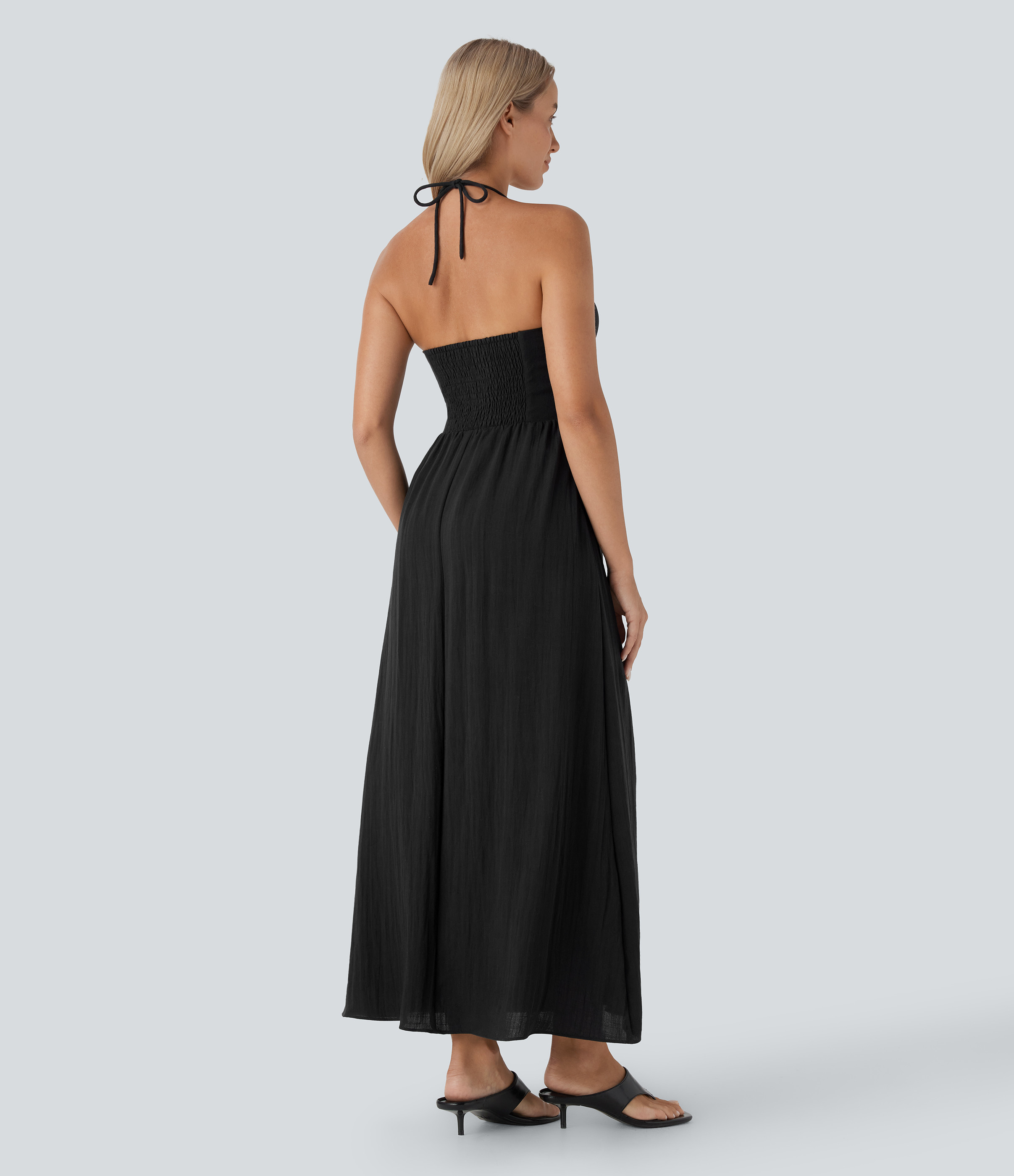 Halara Halter Cut Out Tie Back Shirred Maxi Casual Linen-Feel Dress Casual Dress - Black - M slip dress beach dress ruched dress halter dress | HALARA