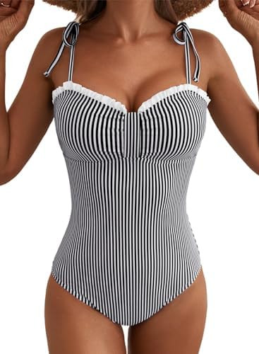Herseas Women’s Striped One Piece Swimsuits Tie Shoulder High Cut Tummy Control Bathing Suit 20... | Amazon (US)