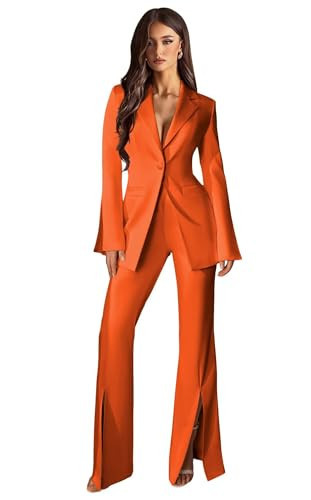 Classic Burnt Orange Pant Suits for Women Dressy 2 Piece Split Sleeve Split Leg Suit for Women Plus Size 1 Button Event Womens Suits Size 3X-Large | Amazon (US)