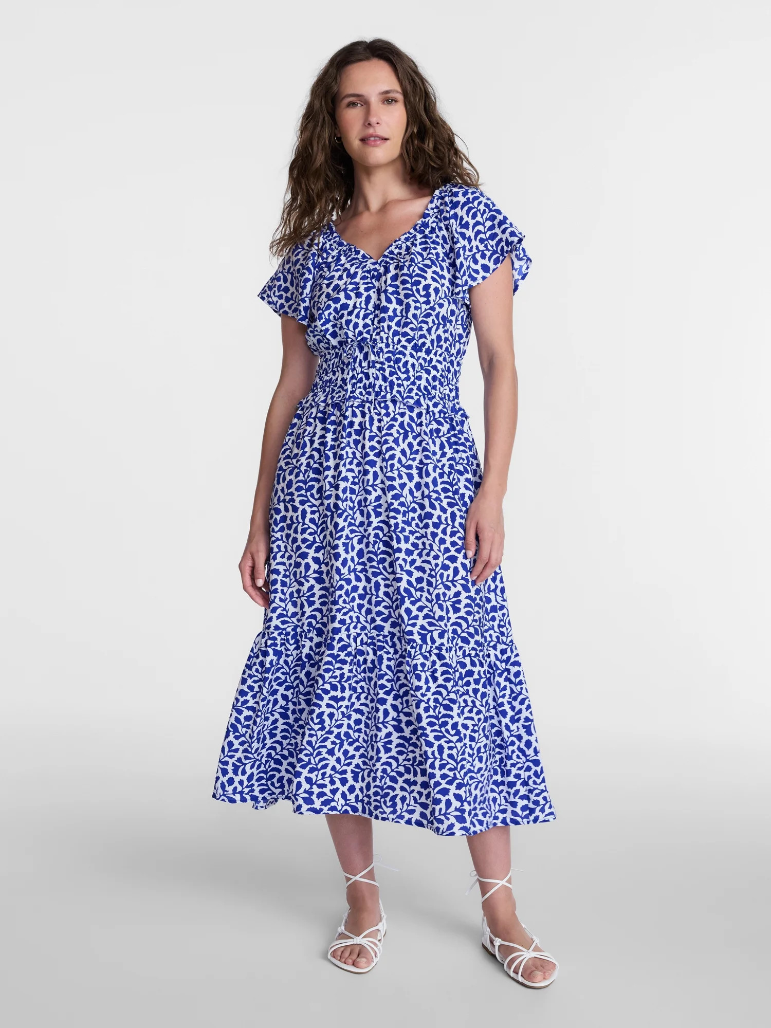 Time and Tru Women's Tiered Midi Dress with Flutter Sleeves, Sizes XS-XXXL - Walmart.com | Walmart (US)