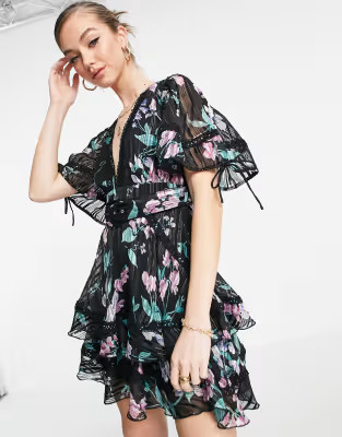 ASOS DESIGN tiered mini dress with puff sleeve in burnout stripe in dark floral | ASOS (Global)