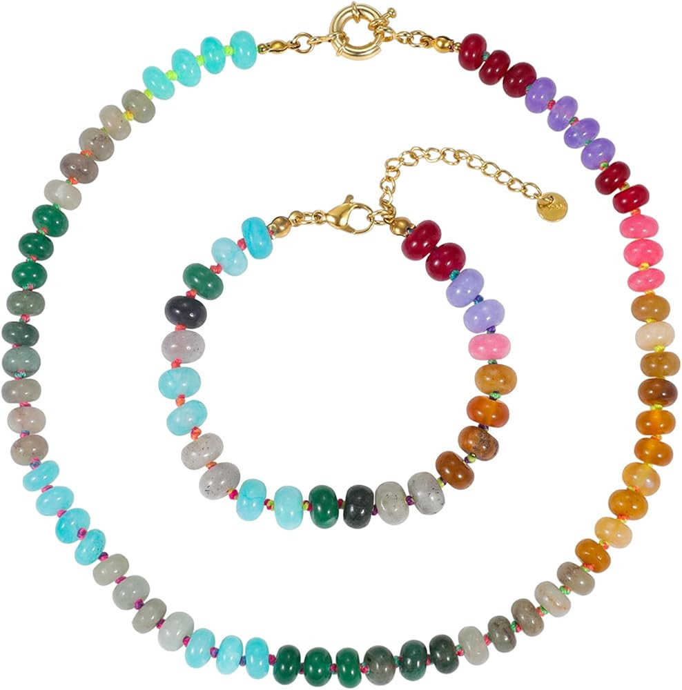 Beaded Gemstone Necklace for Women, Colorful Boho Bead Choker Necklace Natural Stone Freshwater P... | Amazon (US)