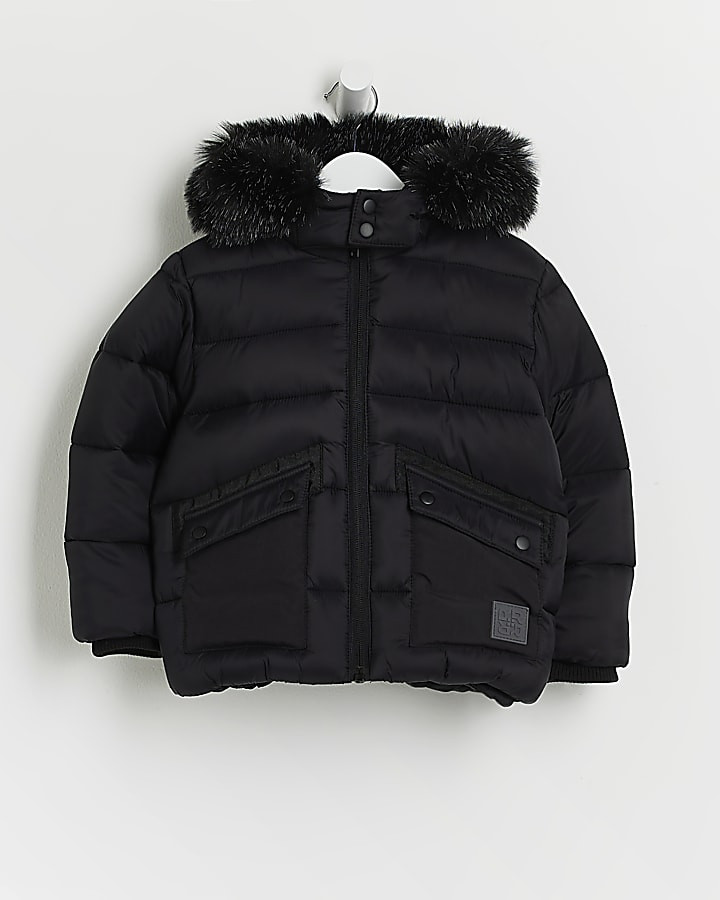 Mini boys black hooded puffer coat | River Island (UK & IE)