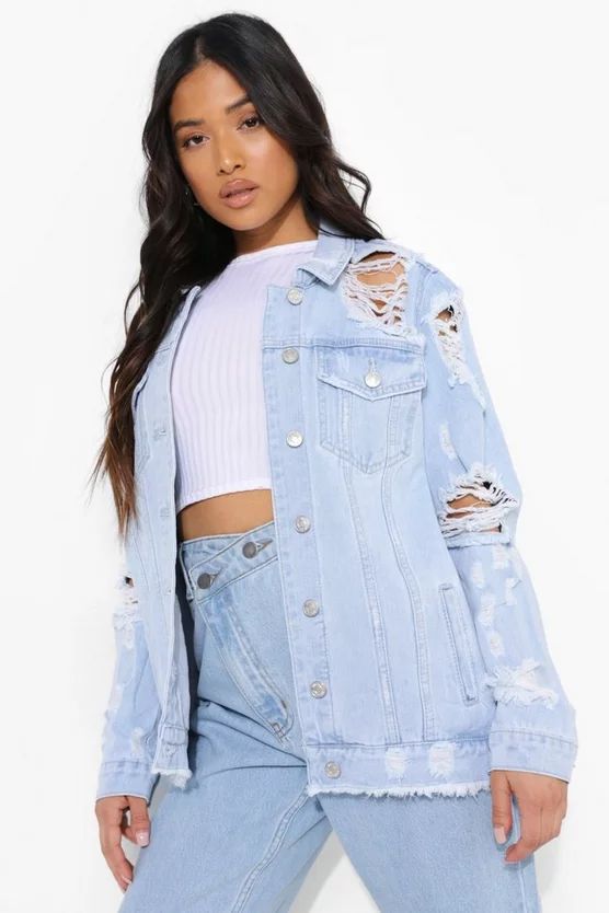 Petite Bleached Distressed Denim Jacket | Boohoo.com (US & CA)