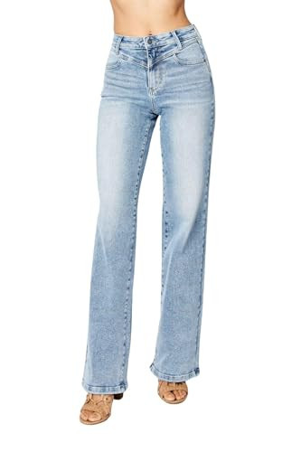 Judy Blue Women's High Waist Front Yoke Retro Wide Leg Jeans (Medium Blue, 14 Plus) | Amazon (US)