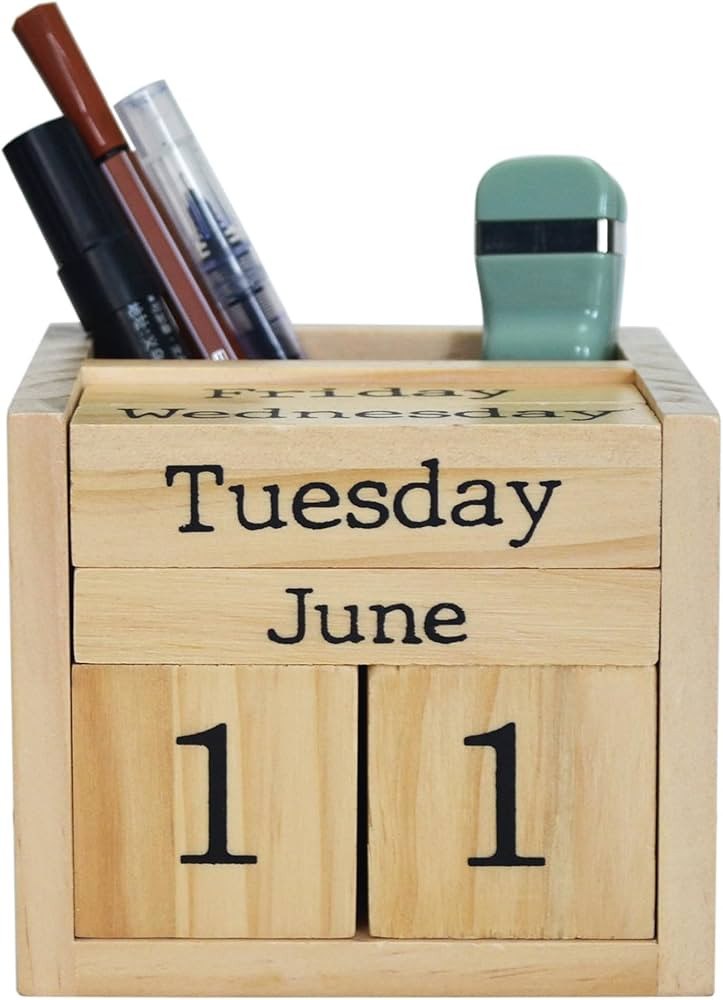 Wooden Blocks Perpetual Calendar with Pen Holder - Natural Pine Wood Home Office Desk Organizer -... | Amazon (US)