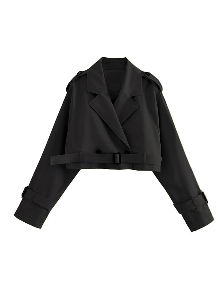 Xiaoxuemeng Womens Cropped Bike Jacket Casual Double Breasted Trench Coat with Belt | Amazon (US)