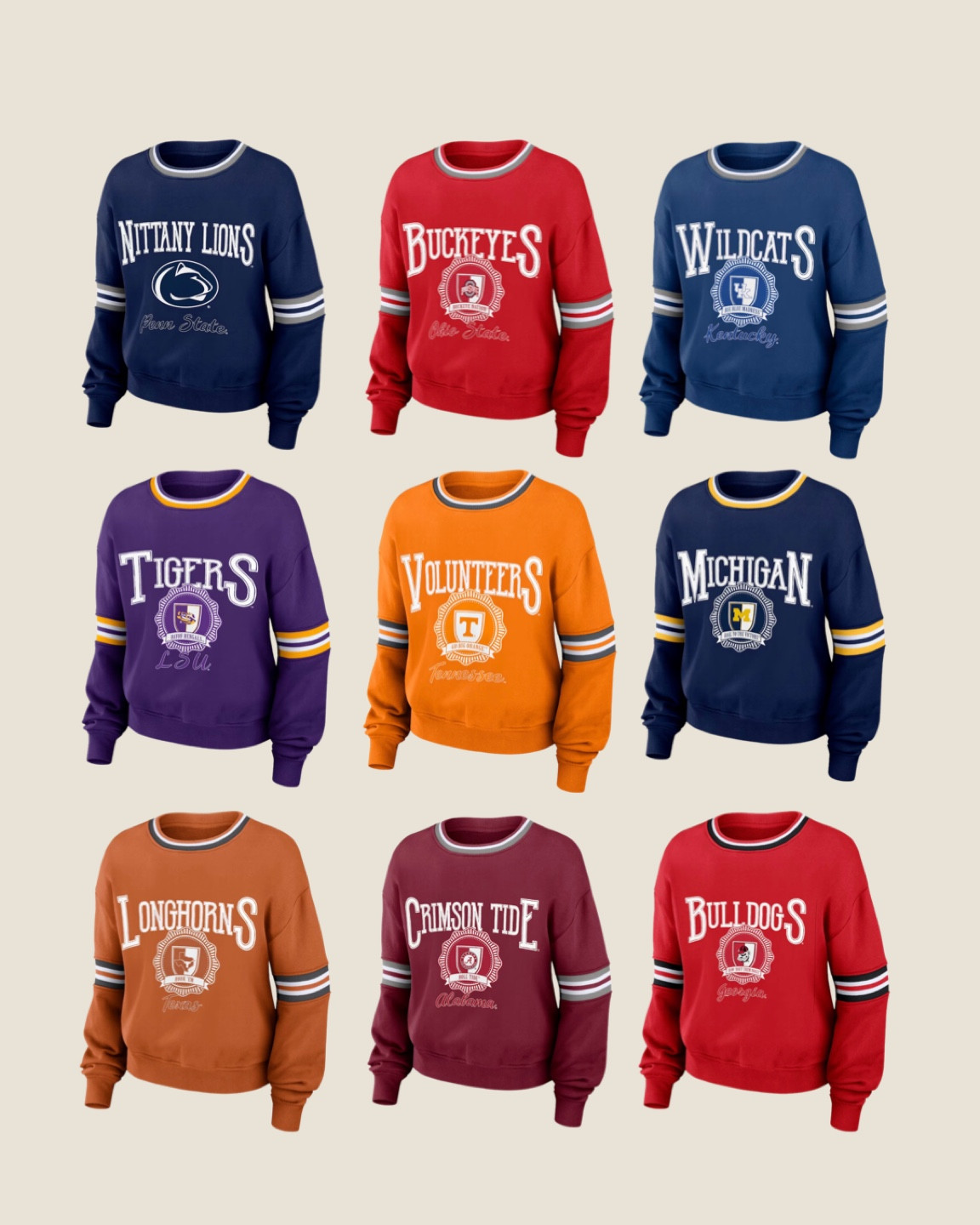 College vintage look crewneck perfect for gameday 


Penn state 
Ohio state
Kentucky
LSU
Tennessee 
Michigan
Texas UT
Alabama
Georgia UGA 


#LTKSeasonal #LTKfindsunder50