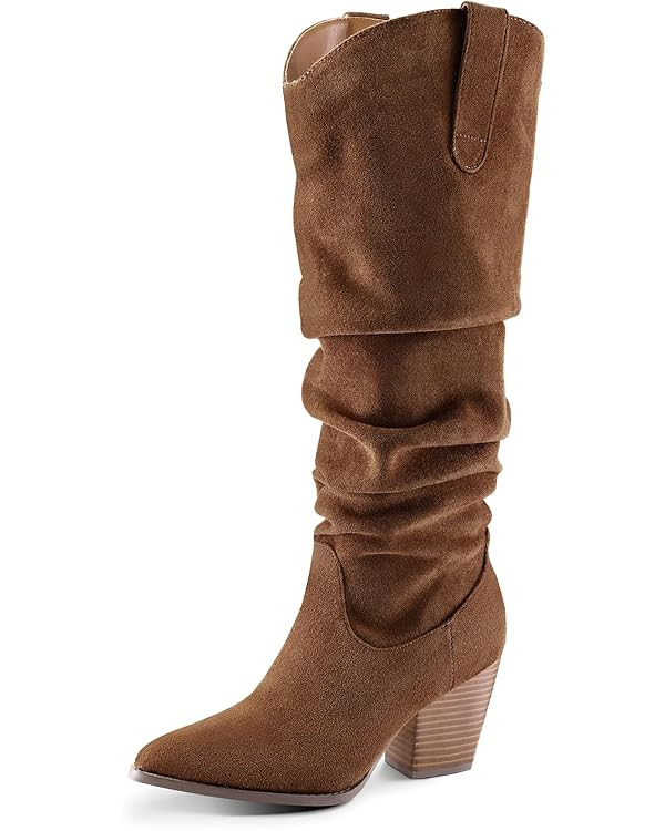 mysoft Women's Cowboy Knee-High Boots Pointed Toe Mid Chunky Heel Pull On Slouchy Boots with Zipp... | Amazon (US)