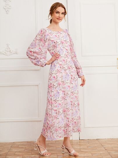 Allover Floral Print Bishop Sleeve Dress | SHEIN