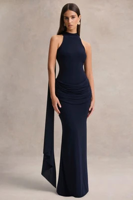 Hesperia | Navy High-Neck Maxi Dress With Draped-Detailing And Scarf | Club L London