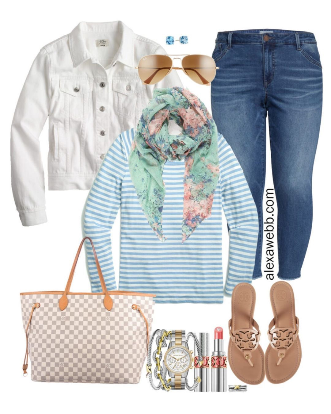 Plus Size Early Spring Outfit Ideas with White Denim Jacket, Jeans, Blue Stripe Tee, Floral Scarf, Tory Burch Sandals, and Louis Vuitton Neverfull - Alexa Webb

#LTKSeasonal #LTKStyleTip #LTKPlusSize