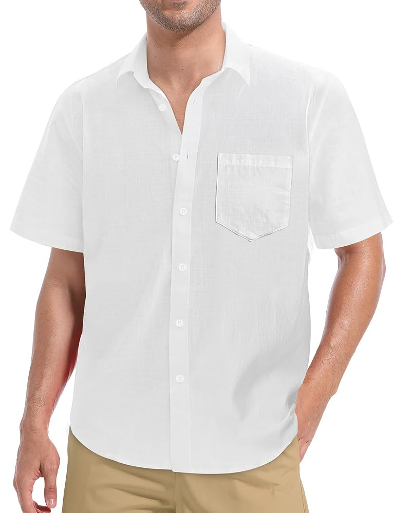 Mens Linen Shirt, Casual Button Up Down Shirts for Men, Beach Short Sleeve Business Top for Summe... | Amazon (US)
