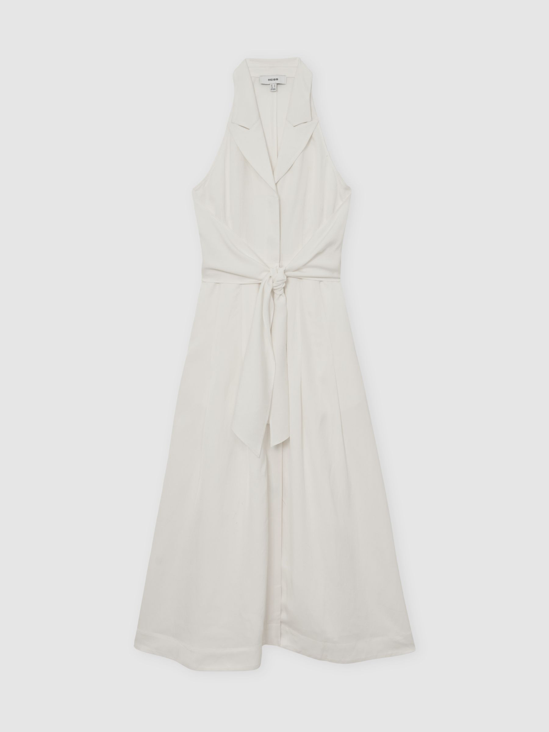 Reiss Sleeveless Tie-Front Midi Dress with Linen in Ivory | REISS | Reiss US