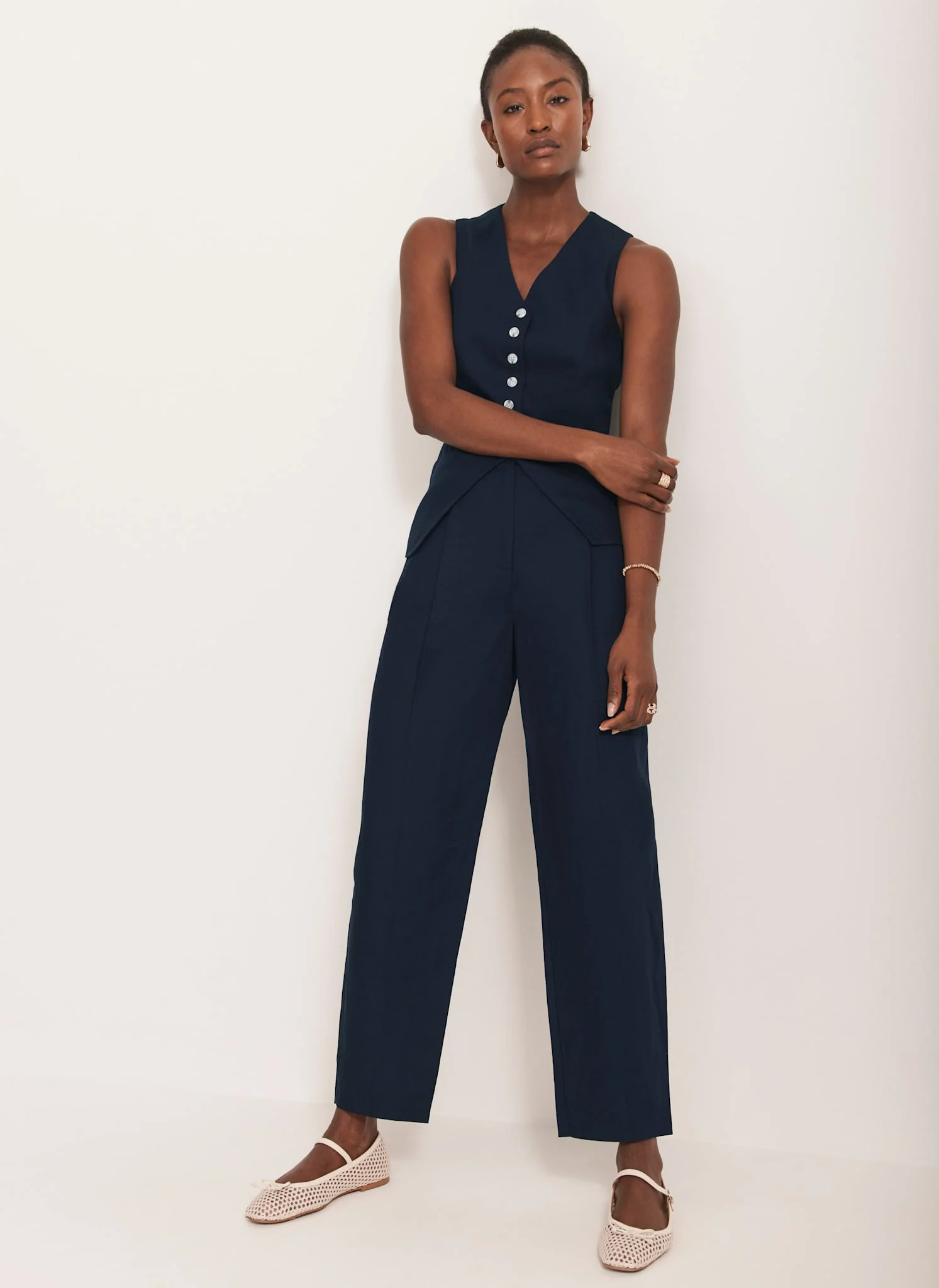 Navy Linen Blend Barrel Trousers | Mint Velvet