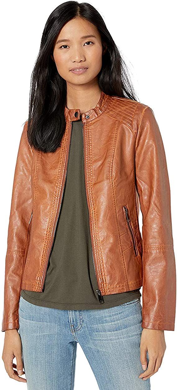 Sebby Collection Women's Faux Leather Jacket with Moto Details and Front Zip Pockets | Amazon (US)