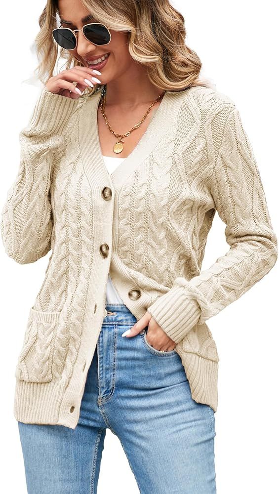 Women's Cable Knit Open Front Button Down Cardigan Sweater Long Sleeve Chunky Fall Sweater Outwea... | Amazon (US)