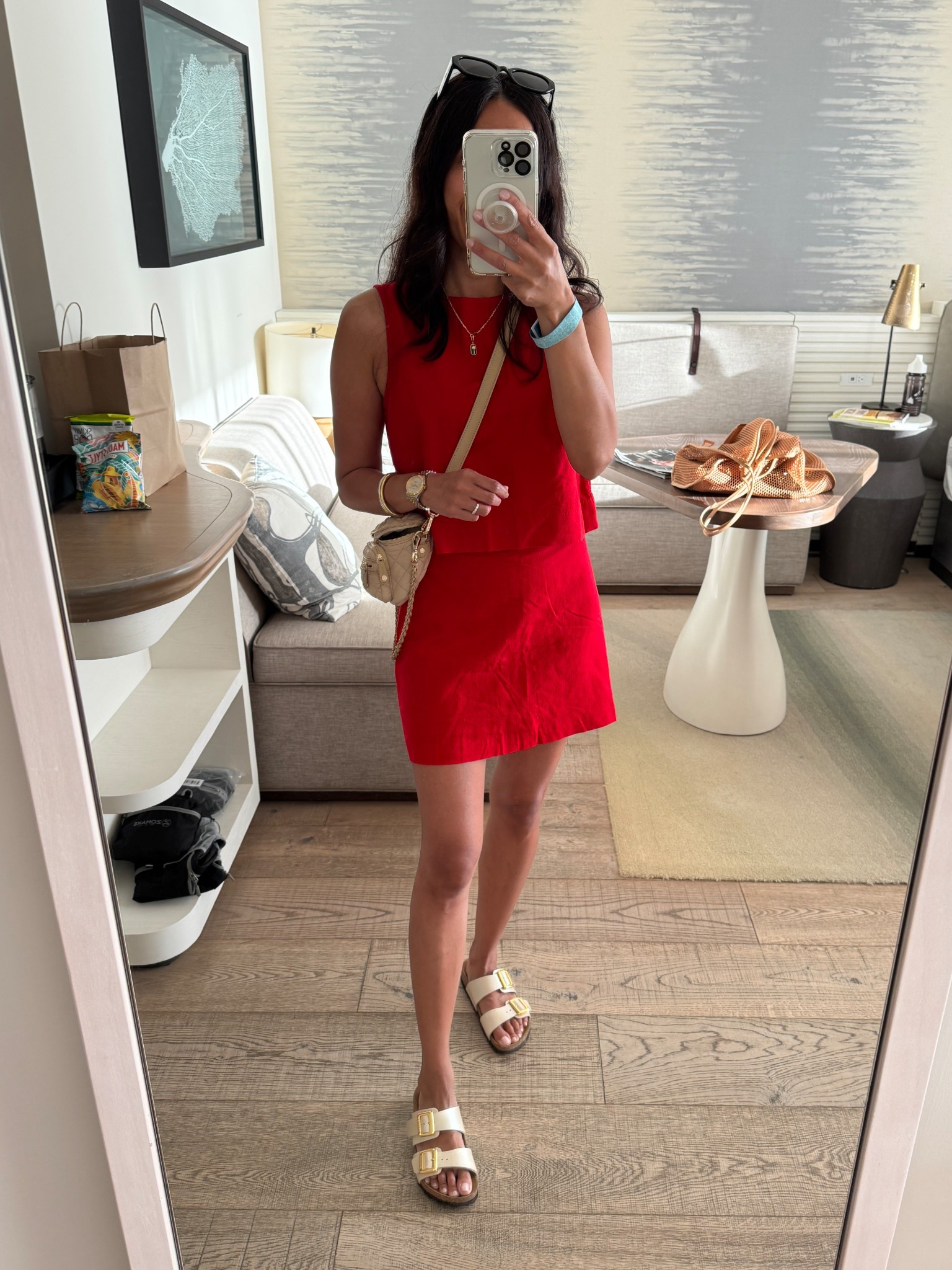 Vacation outfit. Spring outfit. Spring fashion. 
Linen set. I love this red. Also comes in other colors. 
Tank top true to size. 
Skort true to size for me; size down if in between. 
Crossbody mini bag. 
Slide sandals. 
Amazon sunglasses. 


#LTKFindsUnder100 #LTKTravel #LTKOver40