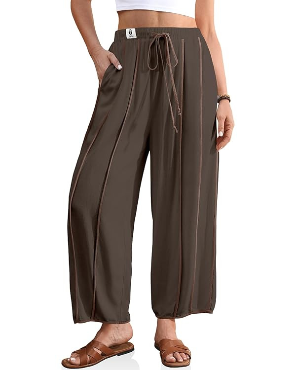 TARSE Womens Linen Harem Pants Loose Casual Wide Leg Summer Boho Beach Travel Vacation Palazzo Pa... | Amazon (US)