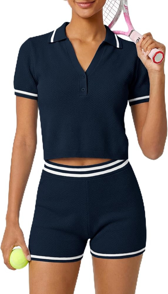 TQD Tennis Workout Sets for Women 2 Piece Athletic Shorts Set Short Sleeve Matching Knit Lounge C... | Amazon (US)