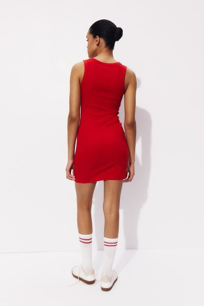 Ribbed Bodycon Dress - Low-cut Neckline - Sleeveless - Red - Ladies | H&M US | H&M (US + CA)