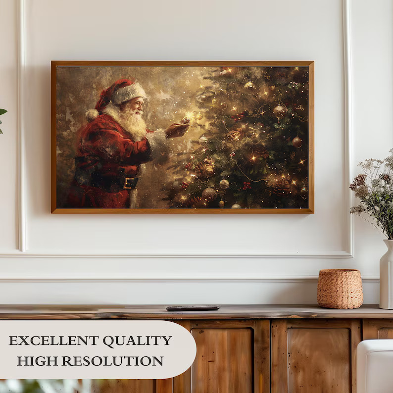 Santa Christmas Tree Frame Tv Art, Dark Vintage Holiday Santa Claus Painting Screensaver Digital ... | Etsy (US)