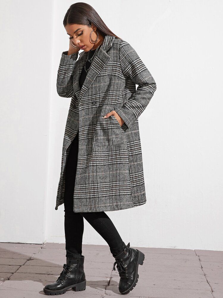 Houndstooth Pattern Double Button Tweed Overcoat | SHEIN