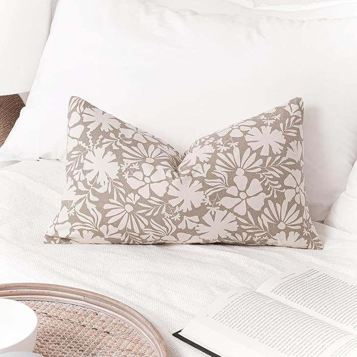 Farmhouse Decorative Lumbar Throw Pillow Cover 12X20, Floral BlockPrint Taupe Light Brown Neutral... | Amazon (US)