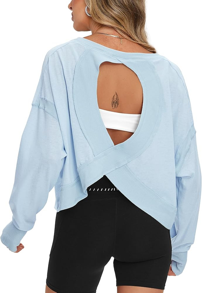 Darong Women's Open Back Workout Top Oversized Athletic Shirt Long Sleeve Crop Top with Thumb Hol... | Amazon (US)