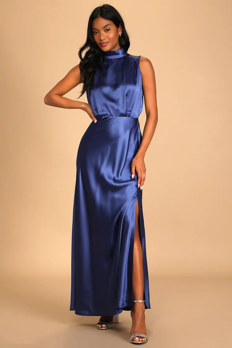 Classic Elegance Blue Satin Sleeveless Mock Neck Maxi Dress | Lulus