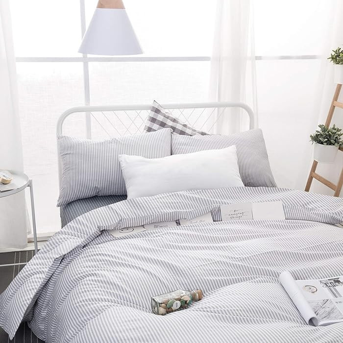 Wake In Cloud - Striped Comforter Set, 100% Cotton Fabric, Ticking Stripe Vertical Pinstripe Neut... | Amazon (US)