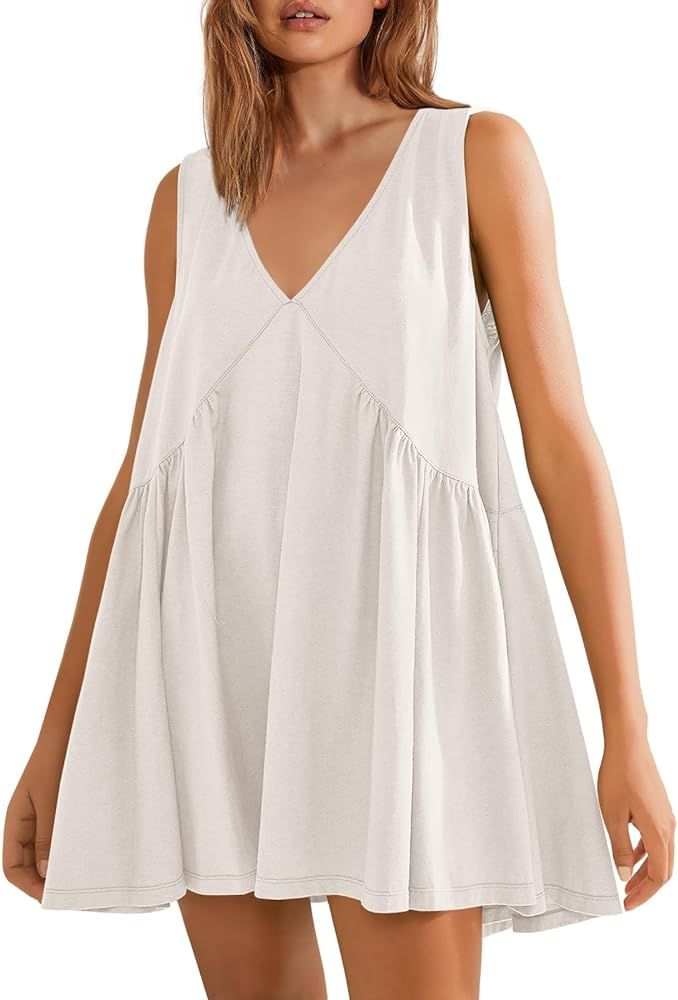 Panadila Womens Summer Sleeveless Mini Dress Casual Babydoll Dress V Neck Short Sundress Beach Va... | Amazon (US)