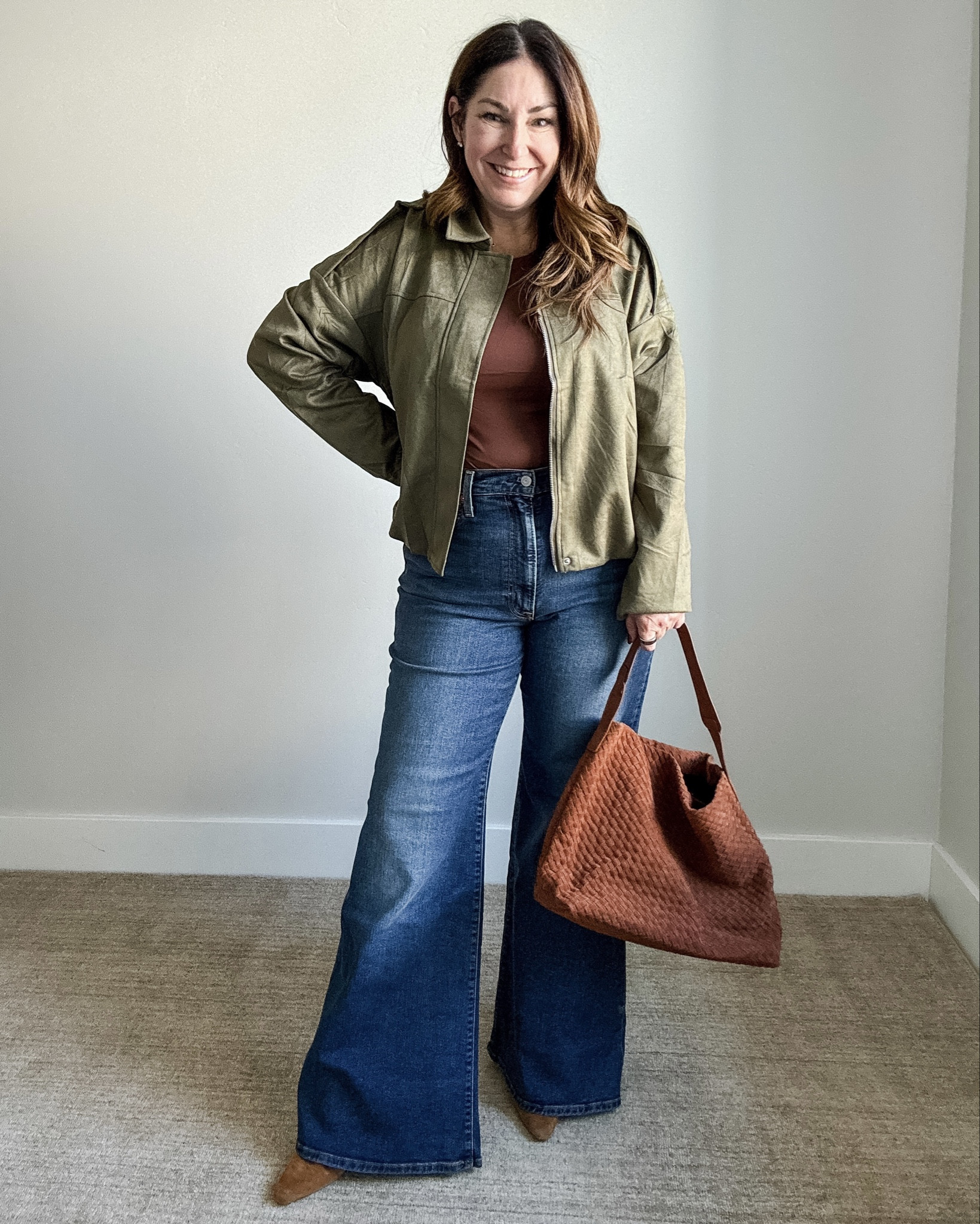 Fall casual outfit with faux suede jacket | Wearing large in jacket, XL in bodysuit, 32 in jeans 

#weekendoutfit #jeans #falloutfit 

 

#LTKSeasonal #LTKOver40 #LTKMidsize