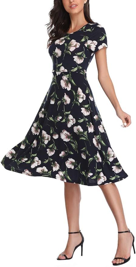 Women's Summer Casual T Shirt Dresses Floral Short Sleeve Flared Midi Dress | Amazon (US)