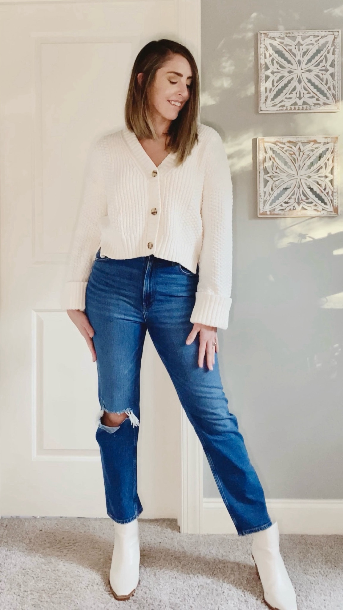 Valeska Cut-out Bootie, Yellow Box Boots, Booties, Ivory Booties, Abercrombie & Fitch Ultra High Rise Ankle Straight Jean, Abercrombie & Fitch Cotton Seed Stitch Cardigan, White Cropped Sweater, Cropped Button Down Sweater, Women’s Cropped Sweater, Fall Outfit Idea, Winter Outfit Idea, Tall Women Outfit Ideas, tall girl fashion-friendly, stylish options for tall women, trendy outfits for taller ladies, and fashionable choices for taller figures, Tall women fashion, Tall girl fashion, Tall girl, Tall women 

Abercrombie Sweater - Size M
Abercrombie Jeans - Size 29 Long
Yellow Box Boots - Size 11

#LTKSeasonal #LTKstyletip #LTKHoliday