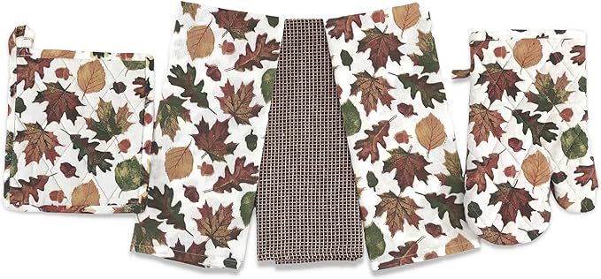 Farmhouse Fall Decor Kitchen Towels and Pot Holder Set: Natural Autumn Colored Falling Leaves and... | Amazon (US)